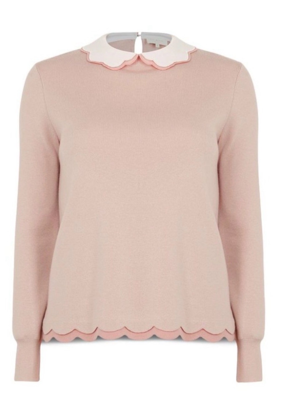 Ted Baker Pale Pink Scallop Trim Long-Sleeve Top with White Peter Pan Collar